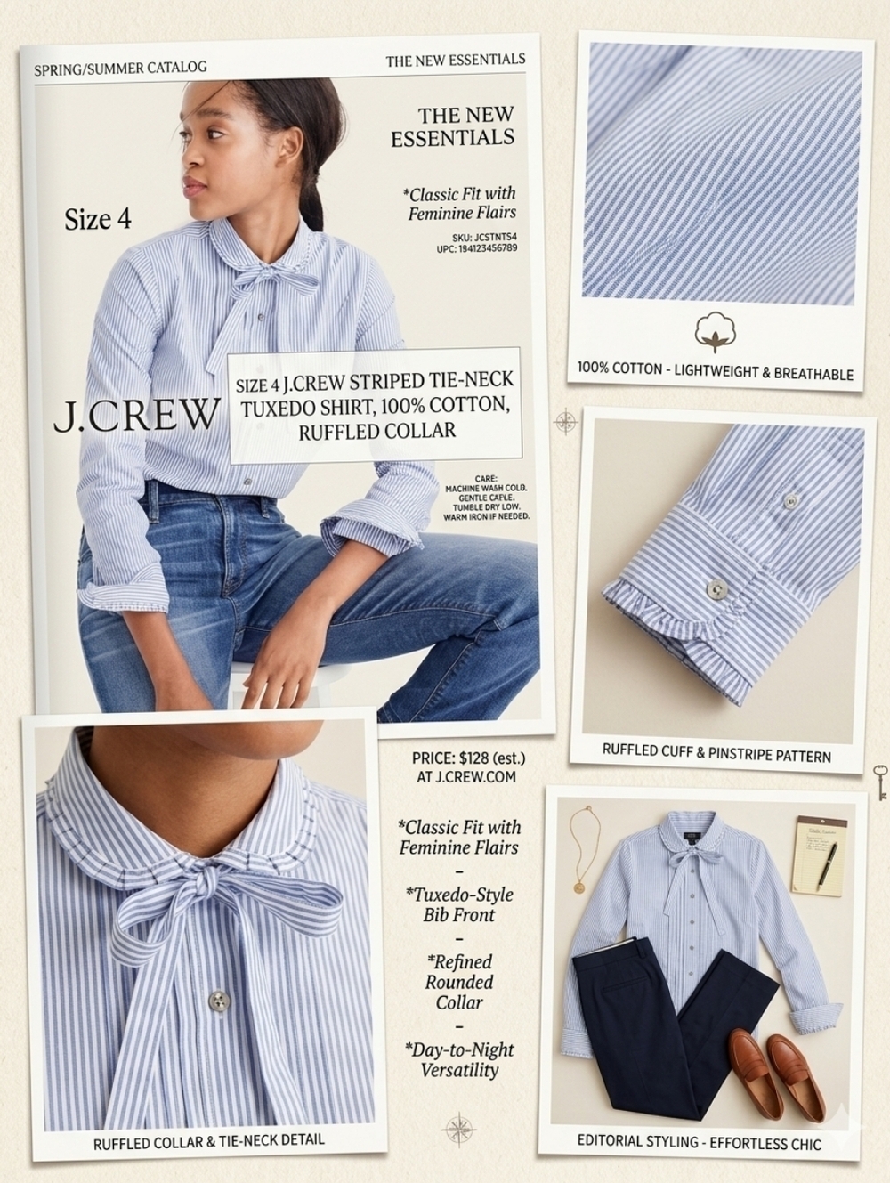 Sz 4 J.Crew Striped Button-Up Tie-neck Tuxedo Shirt 100% Cotton Ruffled Collar